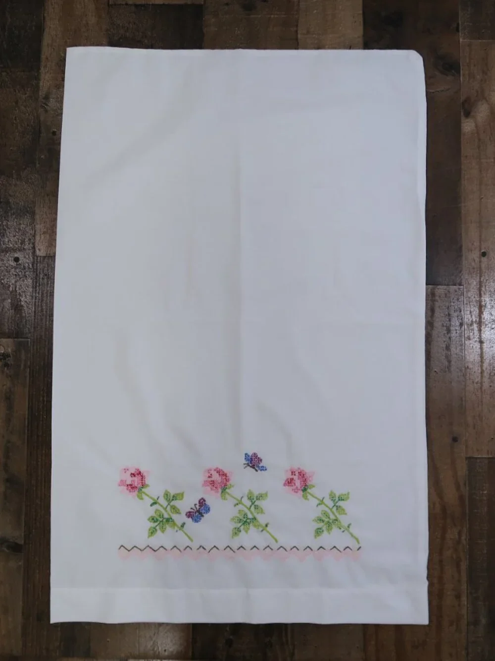 Pair of Embroidered Pillow Cases Roses Butterflies Vintage Linens Floral